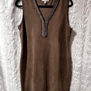 SPENCE Brown suede like sleeveless V-neck short dress with beaded trim SIZE 14